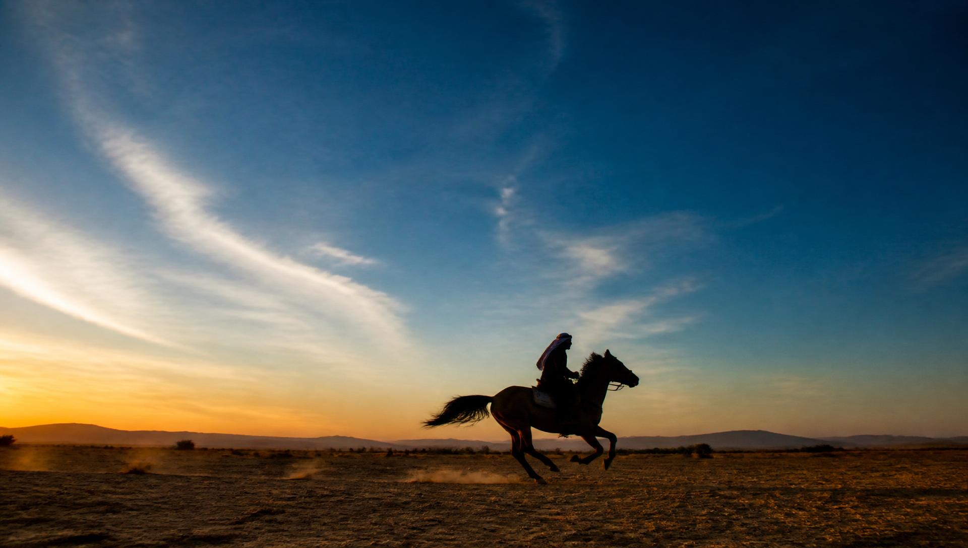 A rider galloping across an open desert plain under a vast blue sky